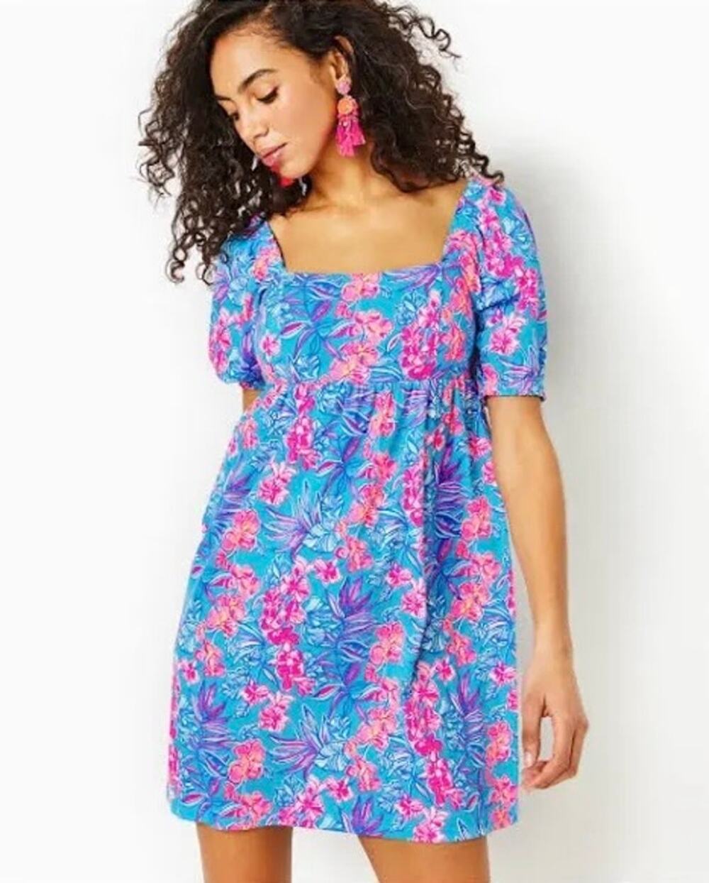 Lilly Pulitzer Blue Pink Cumulus Orchid Oasis Short Sleeve Delaney Dress Size 6